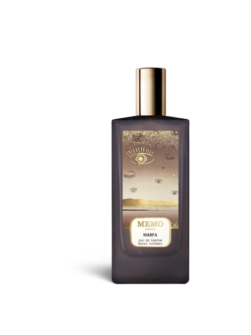 euaden MEMO Marfa unisex parfüm, üzerinde göz desenleri bulunan şık şişesi ve altın rengi kapağı ile 75 ml EDP