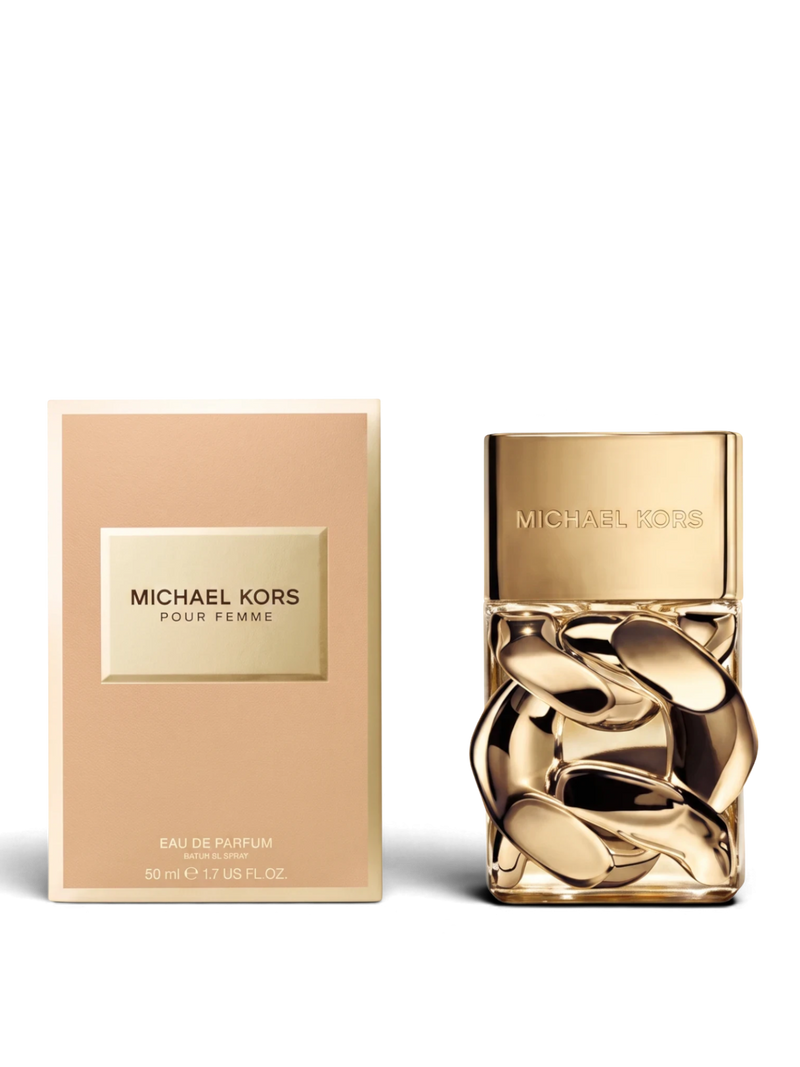 euaden Michael Kors Pour Femme kadın parfümü, altın rengi zincir detaylı şişesi ve şık bej kutusu ile