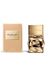 euaden Michael Kors Pour Femme kadın parfümü, altın rengi zincir detaylı şişesi ve şık bej kutusu ile