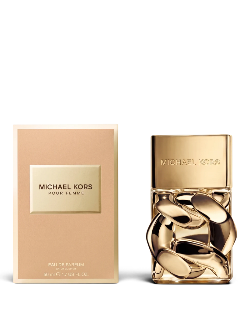 euaden Michael Kors Pour Femme kadın parfümü, altın rengi zincir detaylı şişesi ve şık bej kutusu ile