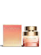 euaden Michael Kors Wonderlust 100 ml kadın parfümü, altın ve pembe tonlu şık cam şişesi ve uyumlu kutusuyla.