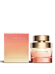 euaden Michael Kors Wonderlust 100 ml kadın parfümü, altın ve pembe tonlu şık cam şişesi ve uyumlu kutusuyla.