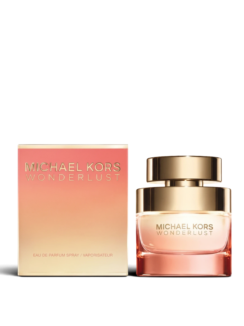 euaden Michael Kors Wonderlust 100 ml kadın parfümü, altın ve pembe tonlu şık cam şişesi ve uyumlu kutusuyla.