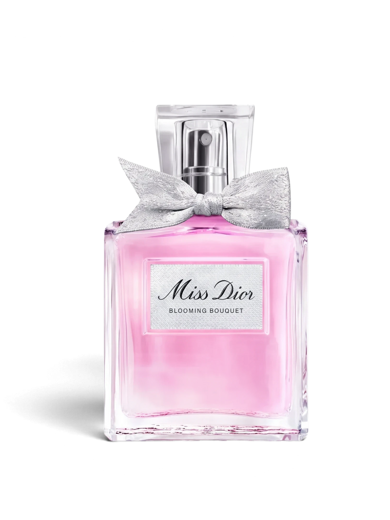 euaden Miss Dior Blooming Bouquet kadın parfümü, pembe cam şişesi ve zarif gümüş fiyonk detayıyla 100 ml EDT