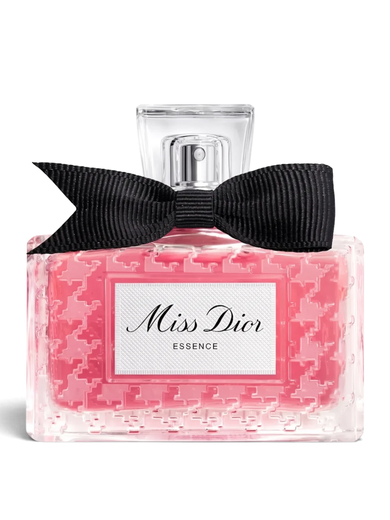 euaden Miss Dior Essence 80 ml kadın parfümü, ikonik siyah fiyonklu ve pembe houndstooth desenli cam şişesiyle