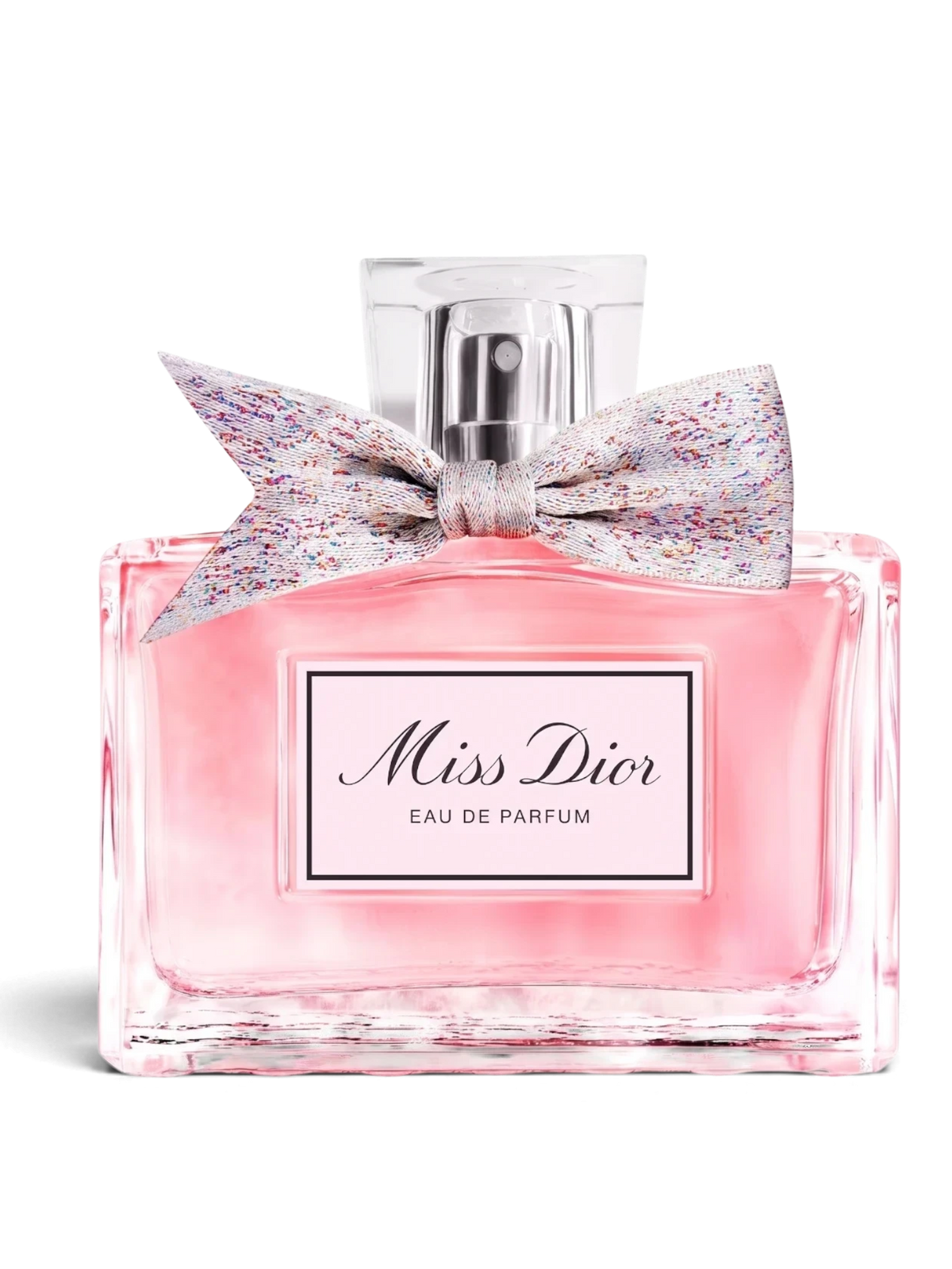 euaden Miss Dior EDP 50 ml kadın parfümü, üzerinde renkli desenli fiyonk detayı bulunan şık cam şişesiyle
