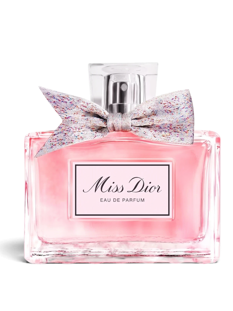 euaden Miss Dior EDP 50 ml kadın parfümü, üzerinde renkli desenli fiyonk detayı bulunan şık cam şişesiyle