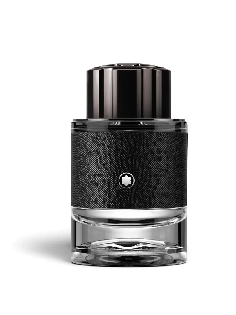 euaden Montblanc Explorer erkek parfümü, siyah deri dokulu şişe tasarımı ve ikonik amblemi ile modern odunsu koku.