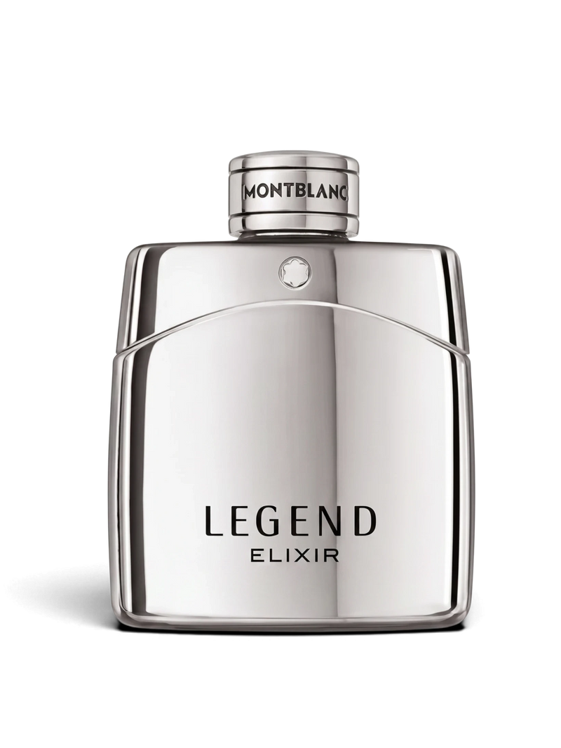 euaden Montblanc Legend Elixir erkek parfümü, gümüş renkli şık ve modern cam şişe tasarımıyla 100 ml