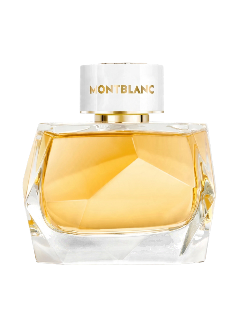 euaden Montblanc Signature Absolue kadın parfümü, altın rengi kristal kesimli cam şişesi ve beyaz kapağı ile