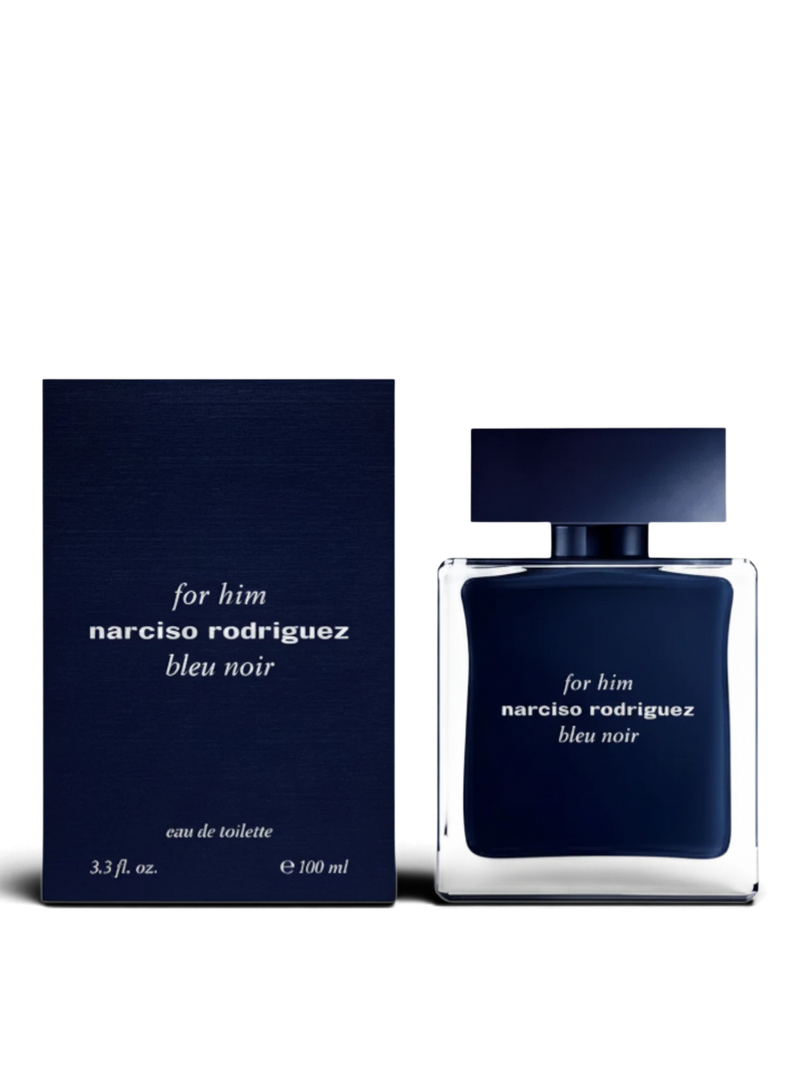 euaden Narciso Rodriguez For Him Bleu Noir erkek parfümü, lacivert cam şişesi ve şık kutusu ile modern maskülen tasarım.