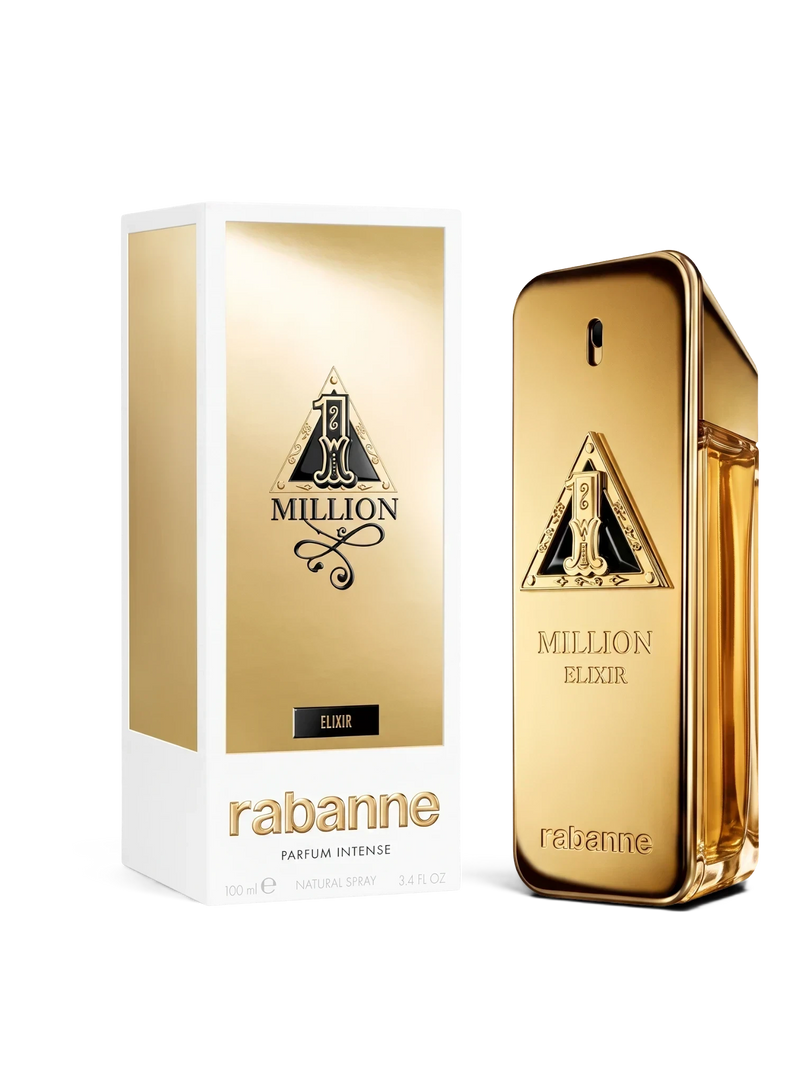 euaden Paco Rabanne 1 Million Elixir erkek parfüm, altın renkli ikonik külçe şişesi ve şık kutusu ile