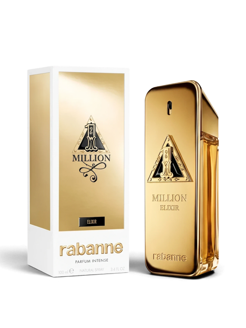 euaden Paco Rabanne 1 Million Elixir erkek parfüm, altın renkli ikonik külçe şişesi ve şık kutusu ile