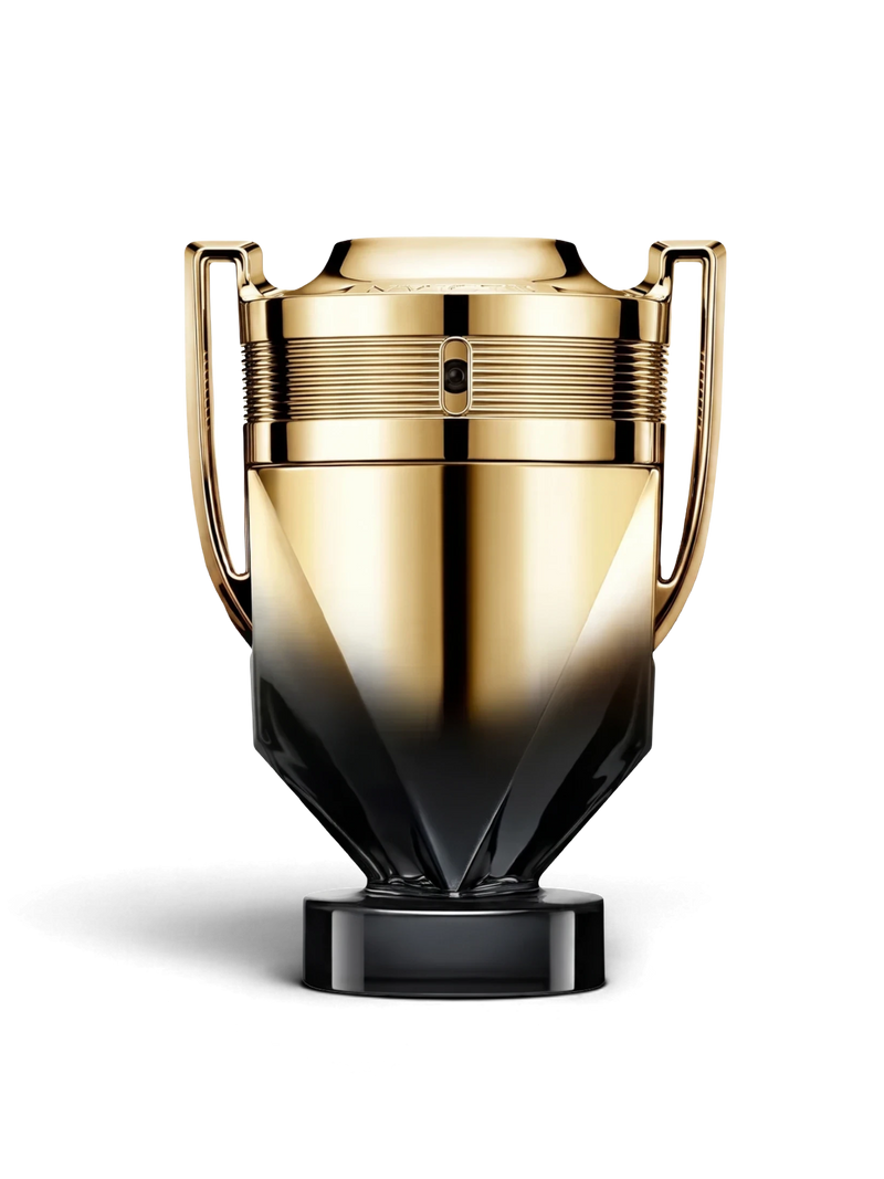 euaden Paco Rabanne Invictus Elixir erkek parfümü, altın ve siyah renkli kupa formunda şık cam şişe tasarımı