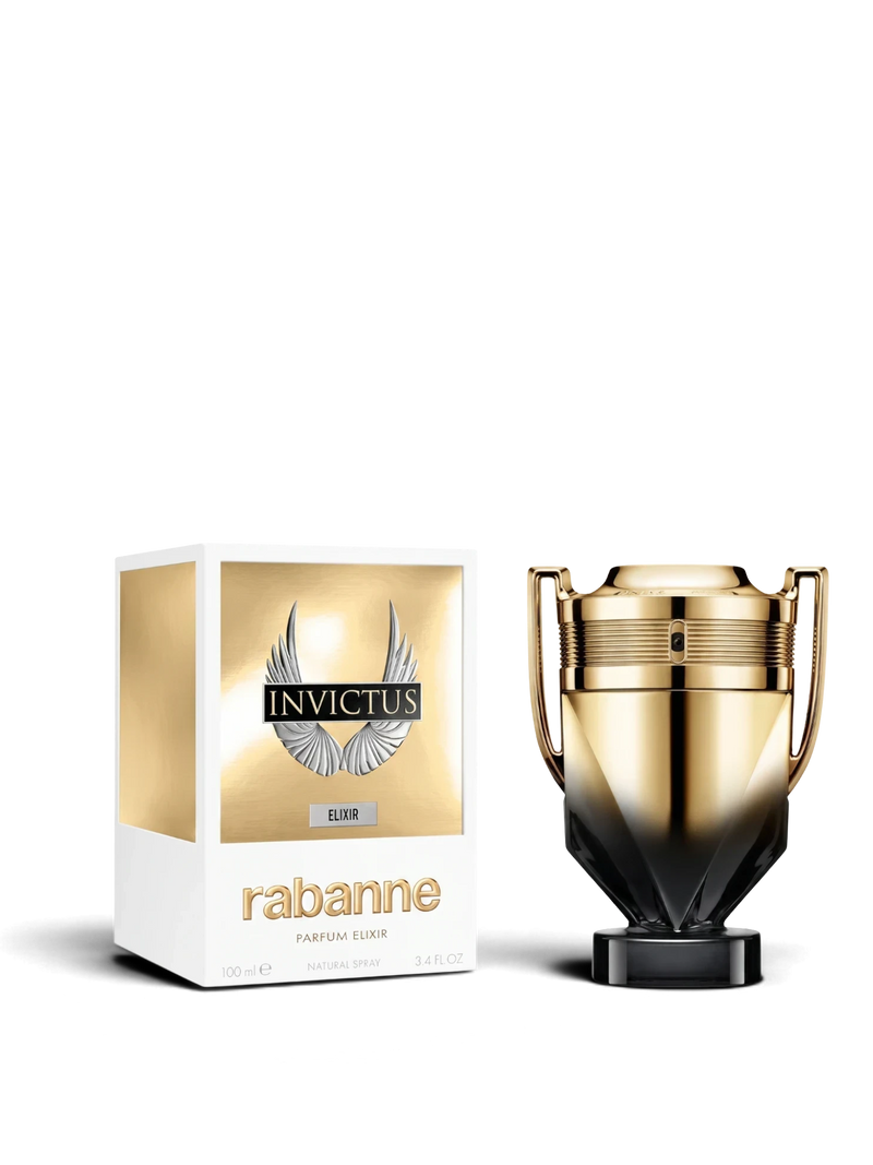 euaden Paco Rabanne Invictus Elixir erkek parfümü, kupa şeklinde altın ve siyah renkli ikonik şişesi ve kutusu
