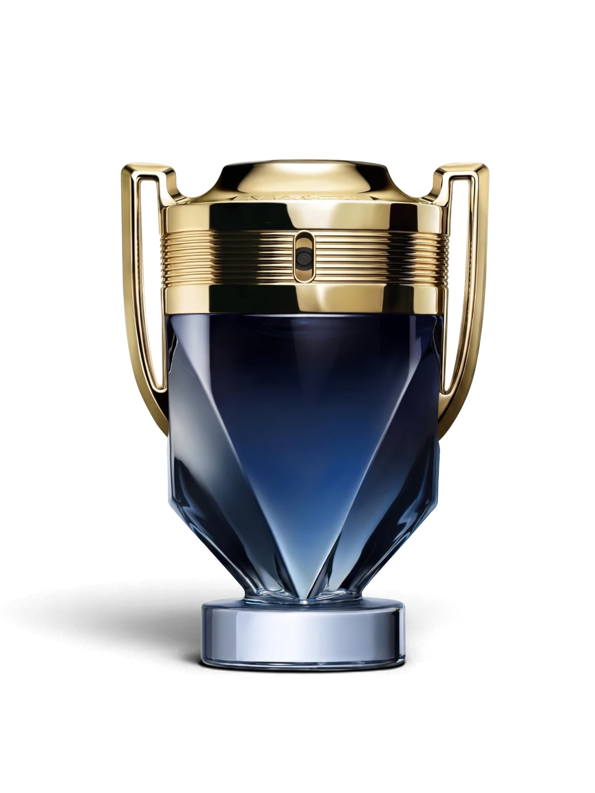 euaden Paco Rabanne Invictus erkek parfüm, kupa şeklinde ikonik lacivert cam şişe ve altın rengi metal detaylar