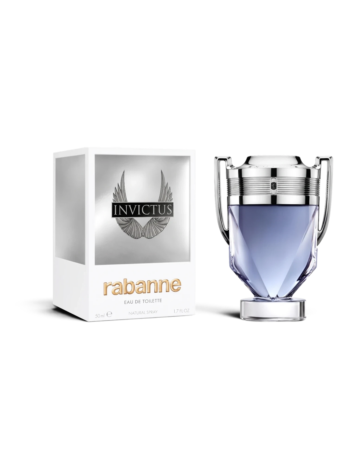 euaden Paco Rabanne Invictus erkek parfümü, kupa şeklinde cam şişesi ve kanat logolu beyaz kutusu ile