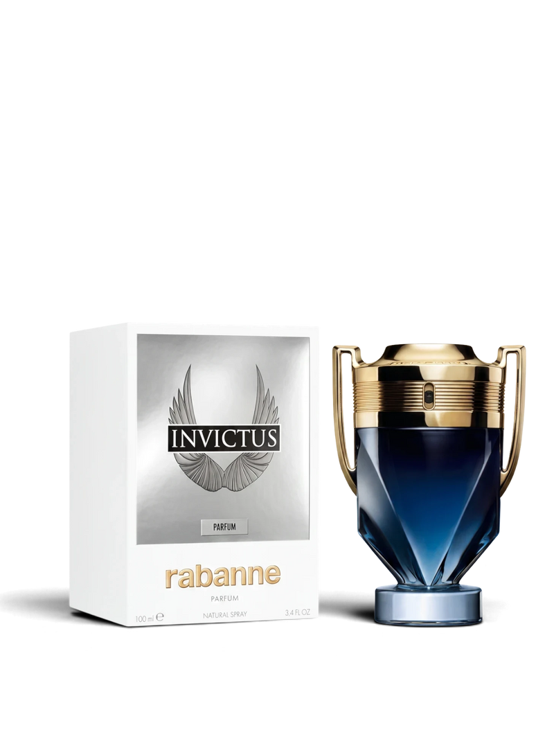 euaden Paco Rabanne Invictus Parfum erkek parfümü, kupa şeklinde lacivert cam şişesi ve gümüş renkli kutusu ile.