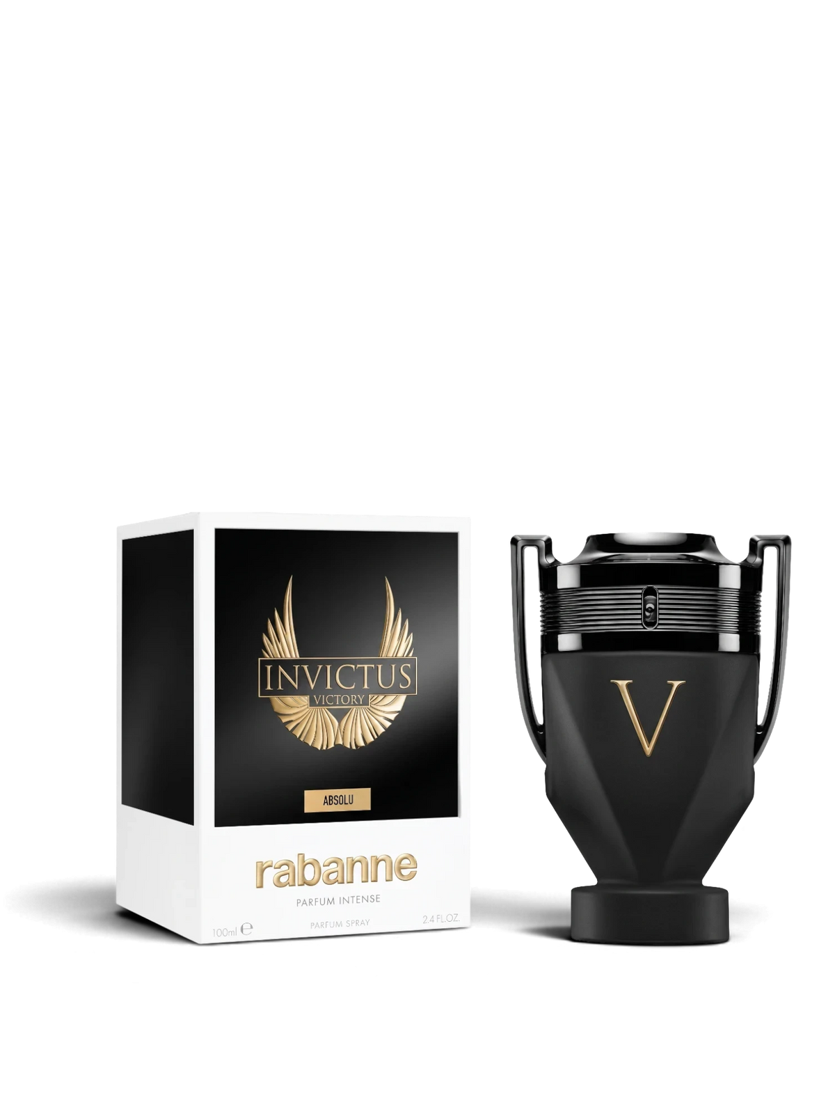 euaden Paco Rabanne Invictus Victory Absolu erkek parfümü, siyah kupa tasarımlı şişesi ve altın detaylı kutusuyla