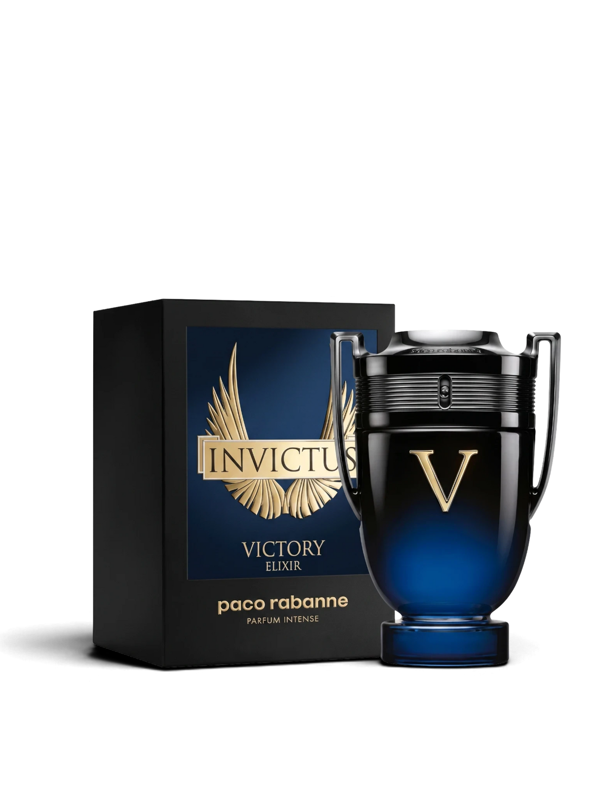 euaden Paco Rabanne Invictus Victory Elixir erkek parfümü, kupa şeklinde koyu mavi ve siyah cam şişe tasarımı