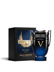 euaden Paco Rabanne Invictus Victory Elixir erkek parfümü, kupa şeklinde koyu mavi ve siyah cam şişe tasarımı
