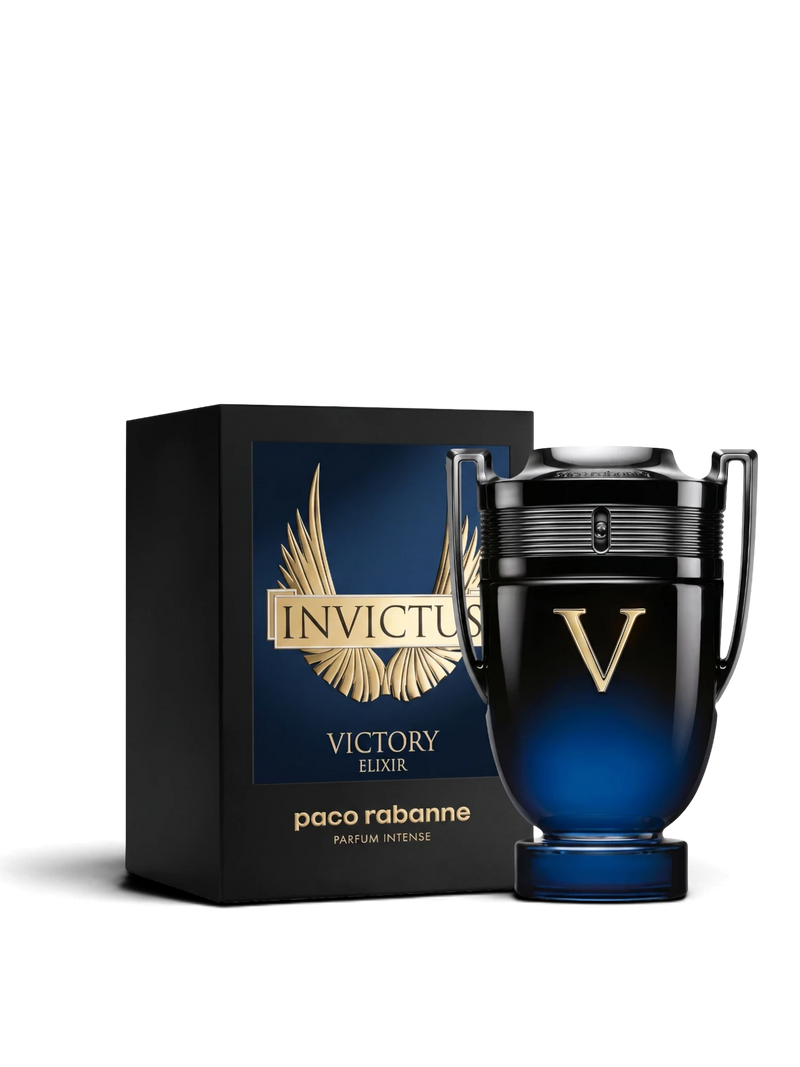 euaden Paco Rabanne Invictus Victory Elixir erkek parfümü, kupa şeklinde koyu mavi ve siyah cam şişe tasarımı