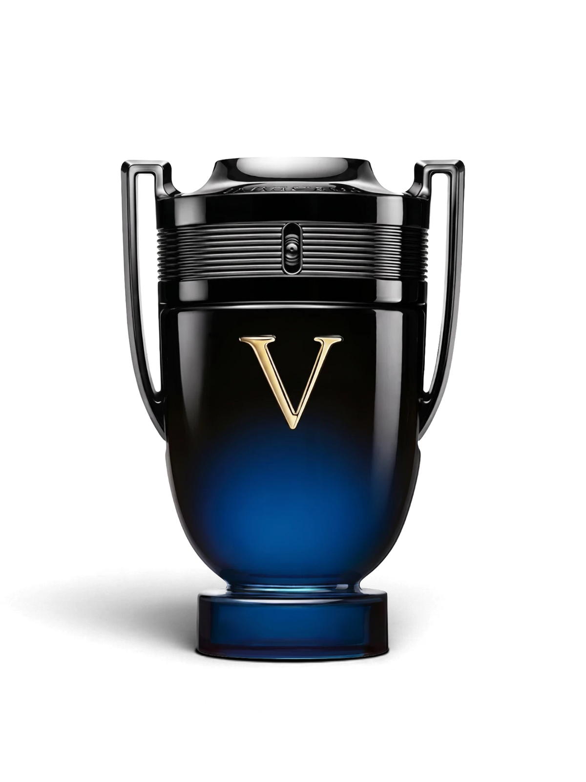 euaden Paco Rabanne Invictus Victory Elixir erkek parfümü, siyah ve mavi geçişli kupa formunda cam şişe tasarımı