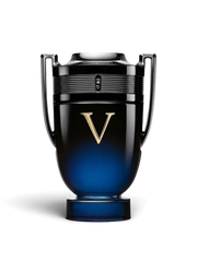 euaden Paco Rabanne Invictus Victory Elixir erkek parfümü, siyah ve mavi geçişli kupa formunda cam şişe tasarımı