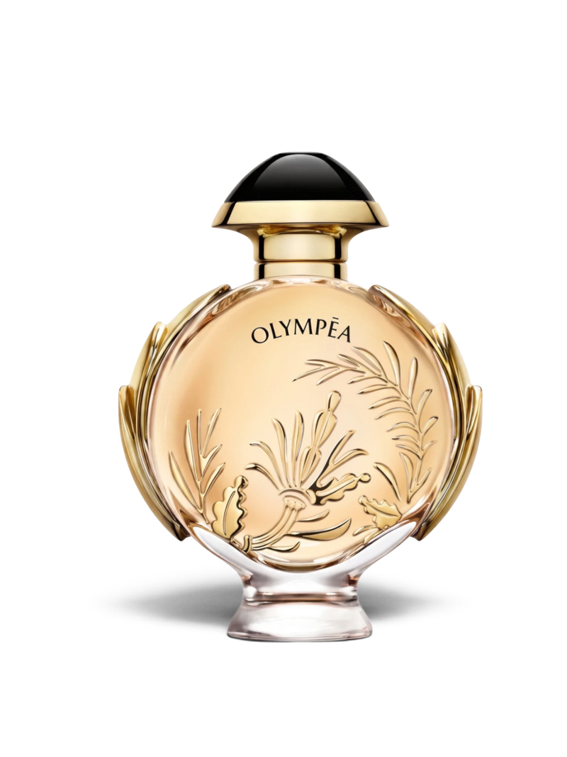 euaden Paco Rabanne Olympea Solar Intense kadın parfümü, altın rengi şişesi ve zarif çiçek kabartmalı tasarımı