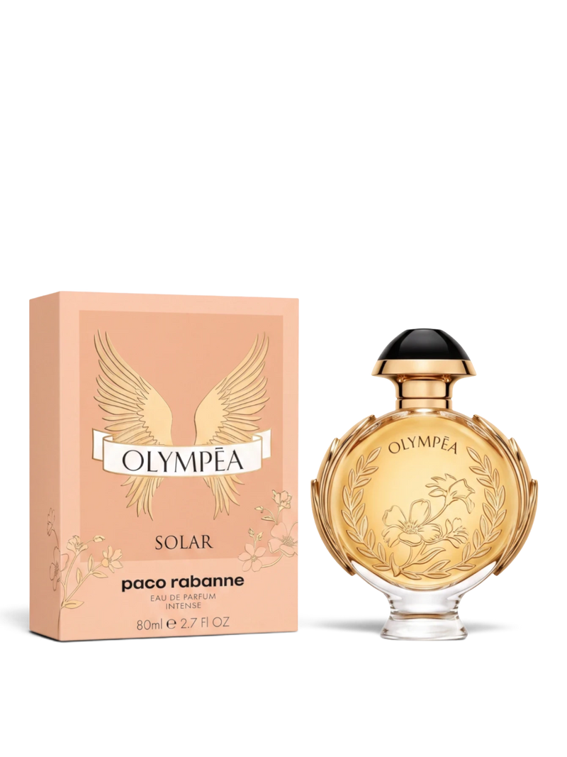 euaden Paco Rabanne Olympea Solar Intense kadın parfümü, altın detaylı şık şişesi ve çiçek desenli kutusu ile.