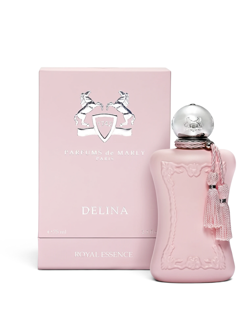 euaden Parfums de Marly Delina kadın parfümü, pembe şişesi ve zarif püskül detayıyla 75 ml kutusunun yanında