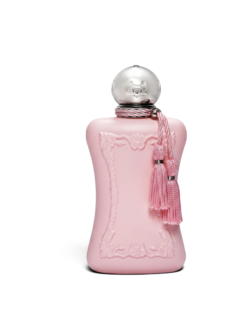 euaden Parfums de Marly Delina kadın parfümü, pembe şişeli, gümüş kapaklı ve püskül detaylı lüks niş koku