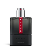 euaden Prada Luna Rossa Carbon 100 ml erkek parfümü, siyah cam şişesi ve ikonik kırmızı şerit detayıyla modern tasarım.