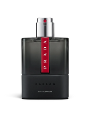 euaden Prada Luna Rossa Carbon 100 ml erkek parfümü, siyah cam şişesi ve ikonik kırmızı şerit detayıyla modern tasarım.