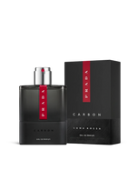 euaden Prada Luna Rossa Carbon 100 ml erkek parfümü, siyah cam şişesi ve kırmızı detaylı şık kutusuyla.