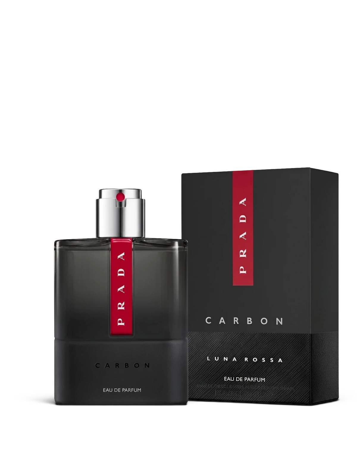 euaden Prada Luna Rossa Carbon 100 ml erkek parfümü, siyah cam şişesi ve kırmızı detaylı şık kutusuyla.