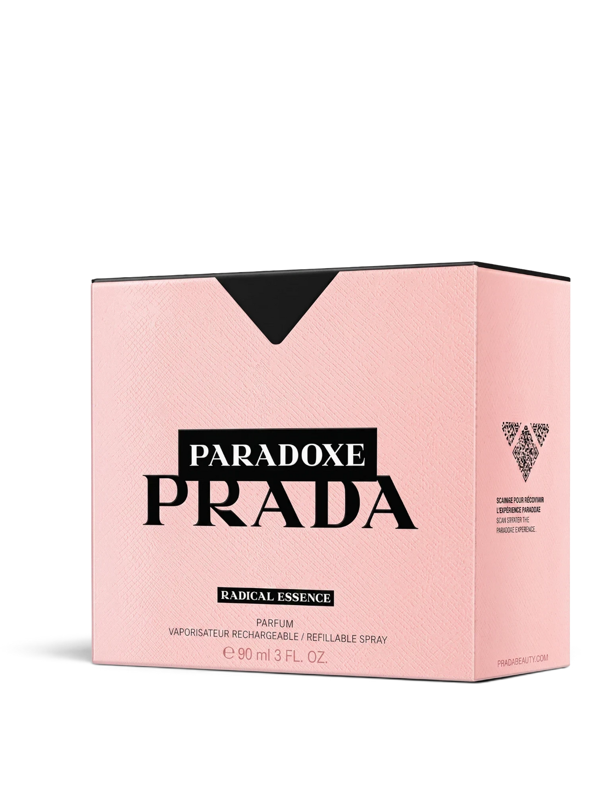 Euaden Prada Paradoxe Radical Essence 90ml kadın parfümü kutusu, pembe dokulu ambalaj tasarımıyla
