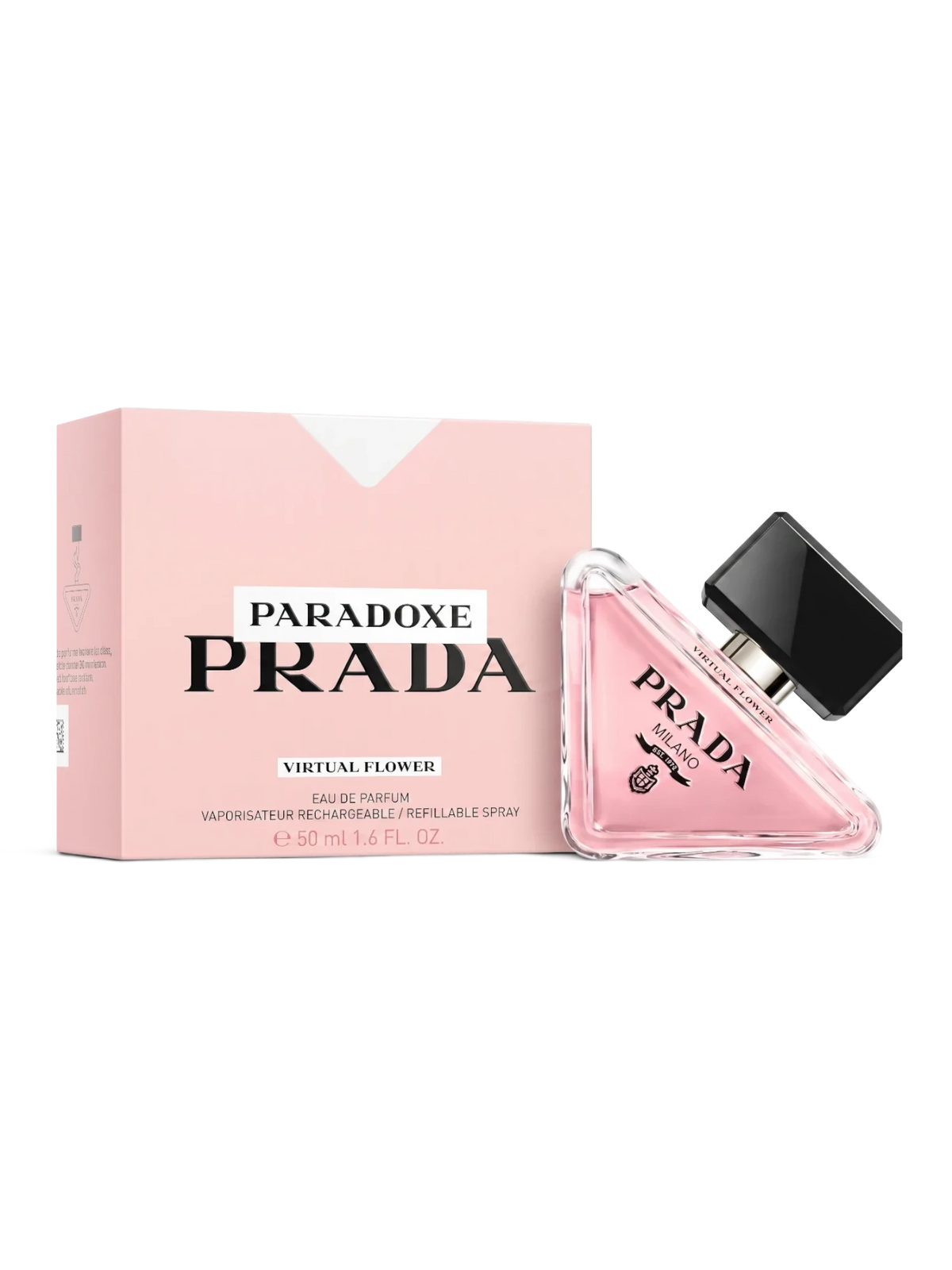 euaden Prada Paradoxe Virtual Flower kadın parfümü, pembe kutusu ve üçgen cam şişesiyle zarif ve modern bir tasarım.