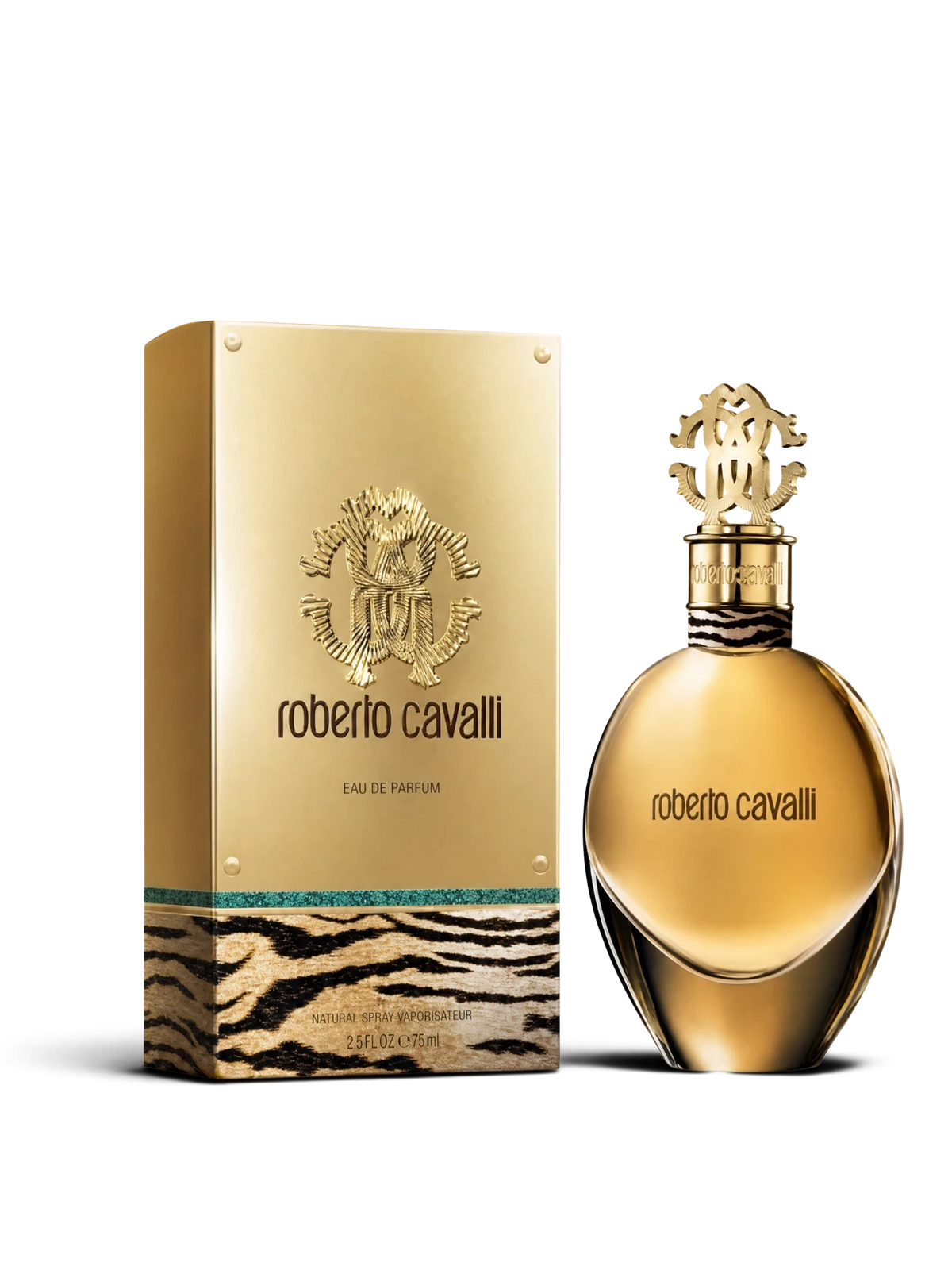 euaden Roberto Cavalli EDP 75 ml kadın parfümü, altın sarısı şişesi ve leopar desenli detaylarıyla şık kutusunda