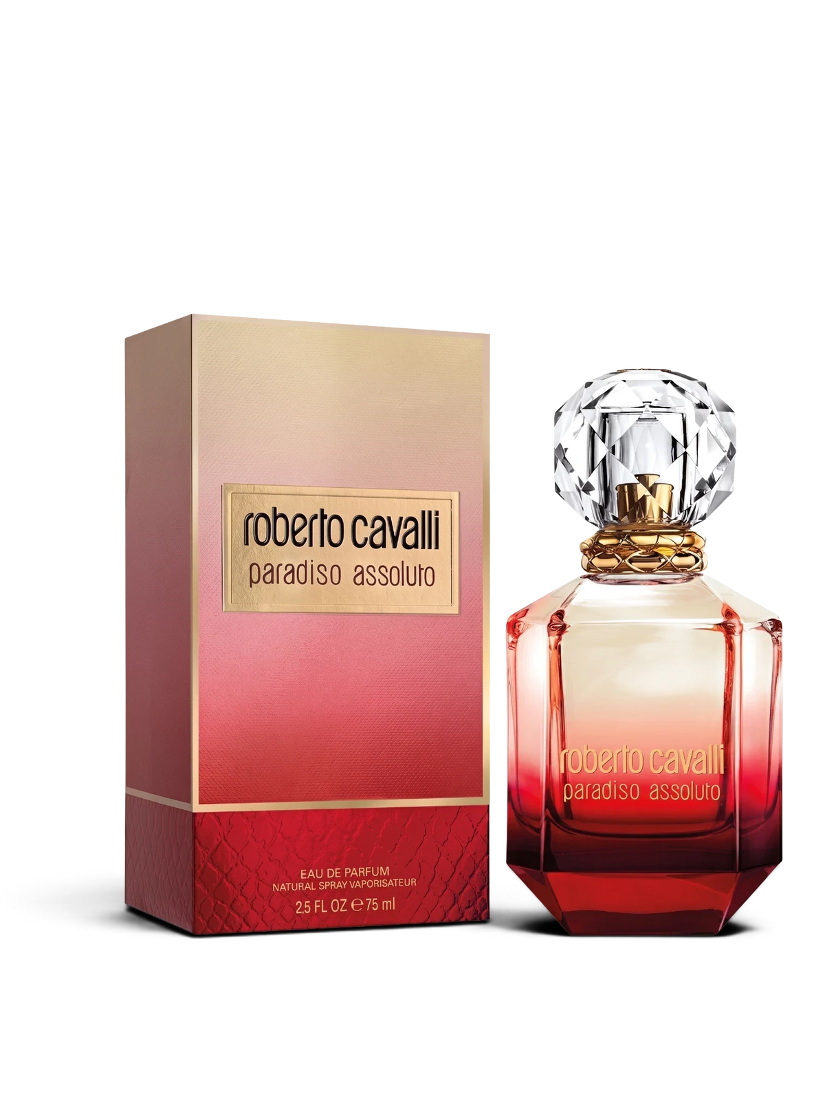 euaden Roberto Cavalli Paradiso Assoluto EDP kadın parfümü, kristal kapaklı kırmızı degrade cam şişe ve kutusu