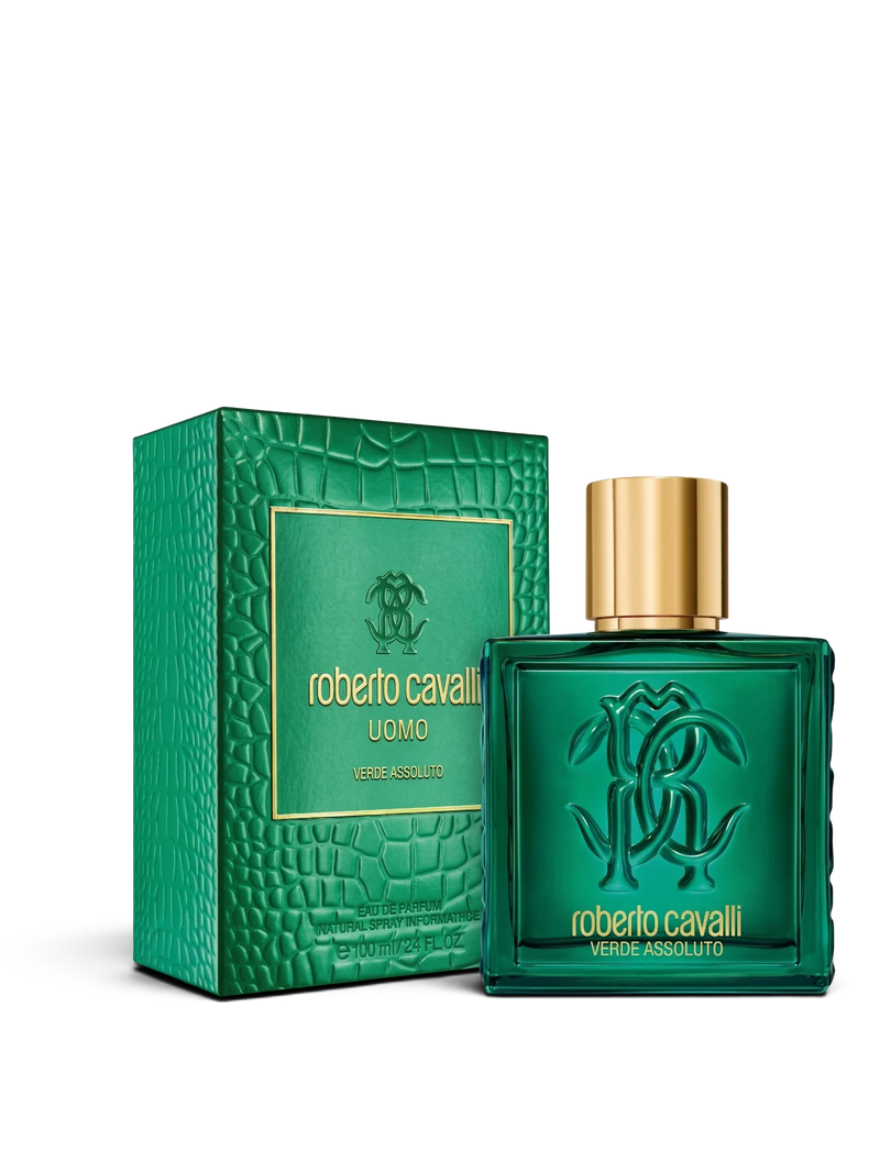 euaden Roberto Cavalli Verde Assoluto Uomo 100ml erkek parfümü, yeşil cam şişesi ve timsah derisi desenli kutusu ile