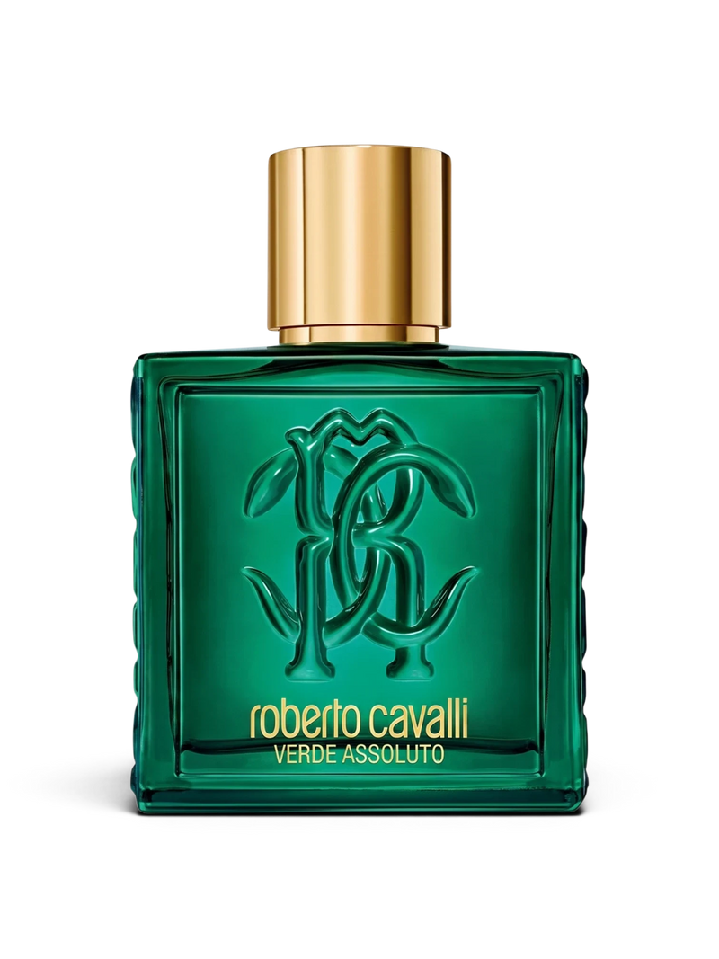 euaden Roberto Cavalli Verde Assoluto erkek parfümü, altın kapaklı şık yeşil cam şişe tasarımı
