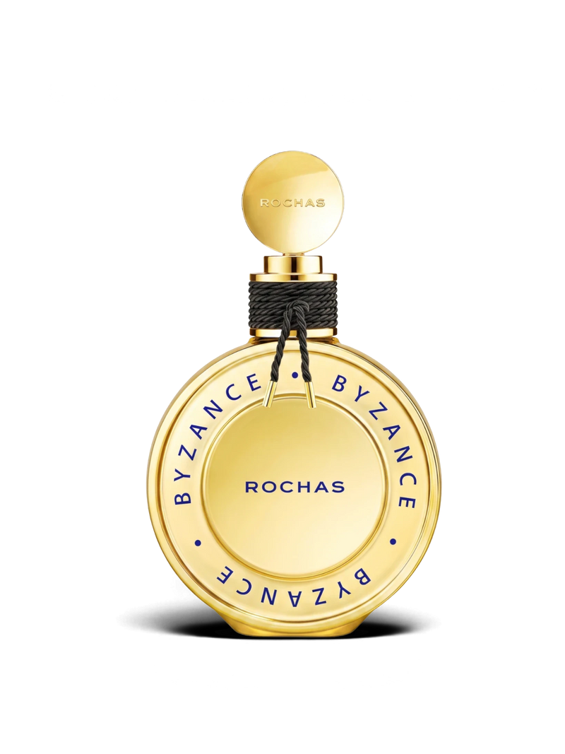 euaden Rochas Byzance Gold kadın parfümü, altın rengi yuvarlak şişesi ve zarif siyah detaylı kapağı ile 90 ml EDP