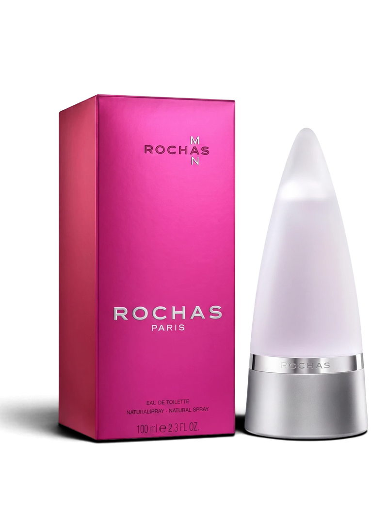 euaden Rochas Man 100 ml erkek parfümü, ikonik konik şişe tasarımı ve canlı pembe kutusuyla oryantal gourmand koku.