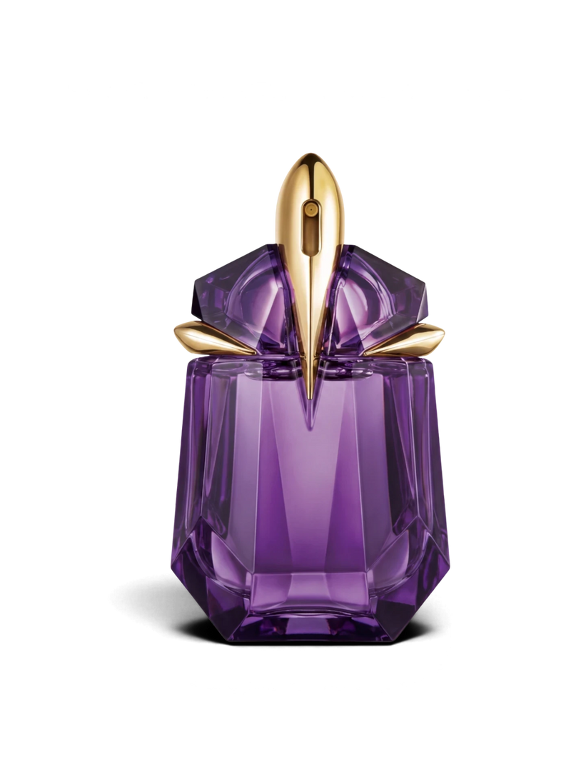 euaden Thierry Mugler Alien kadın parfümü, ametist rengi mücevher tasarımlı ikonik cam şişesi ve altın detayları