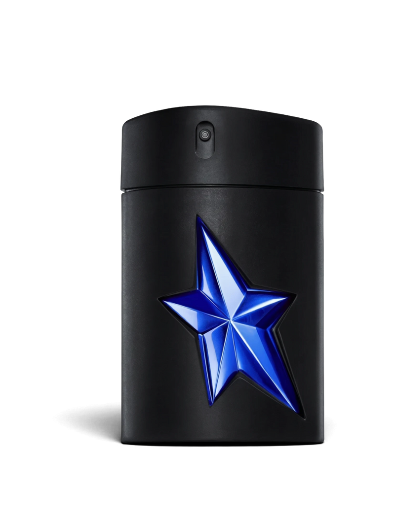 euaden Thierry Mugler A*Men Bluenatic erkek parfümü, üzerinde parlak mavi yıldız detayı bulunan siyah mat şişe tasarımı