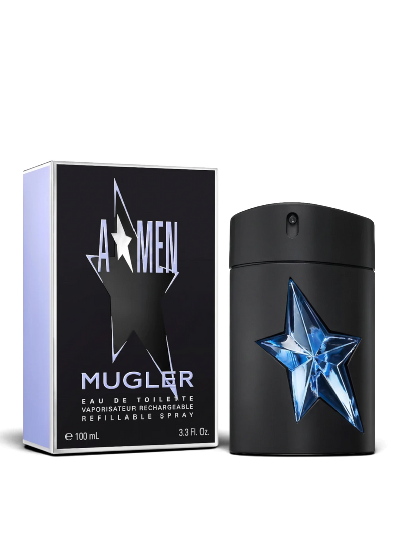 euaden Thierry Mugler A*Men erkek parfümü, siyah kauçuk kaplı şişesi ve ikonik mavi yıldız detayı ile kutusuyla birlikte
