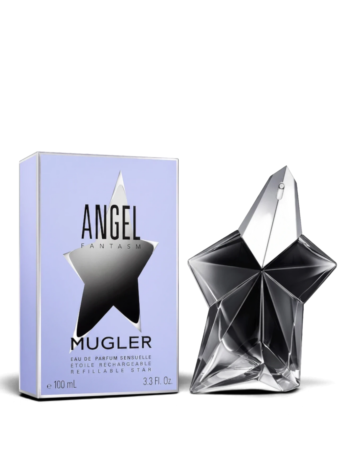 euaden Thierry Mugler Angel Fantasm kadın parfümü, ikonik yıldız şeklinde siyah cam şişesi ve lila renkli kutusu.
