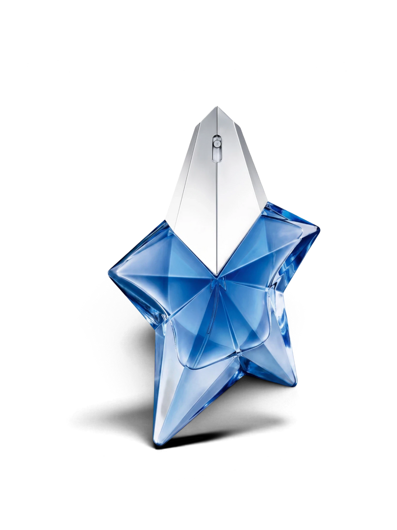 euaden Thierry Mugler Angel kadın parfümü, ikonik yıldız şeklinde mavi cam şişesi ve gümüş detaylı kapağı ile.