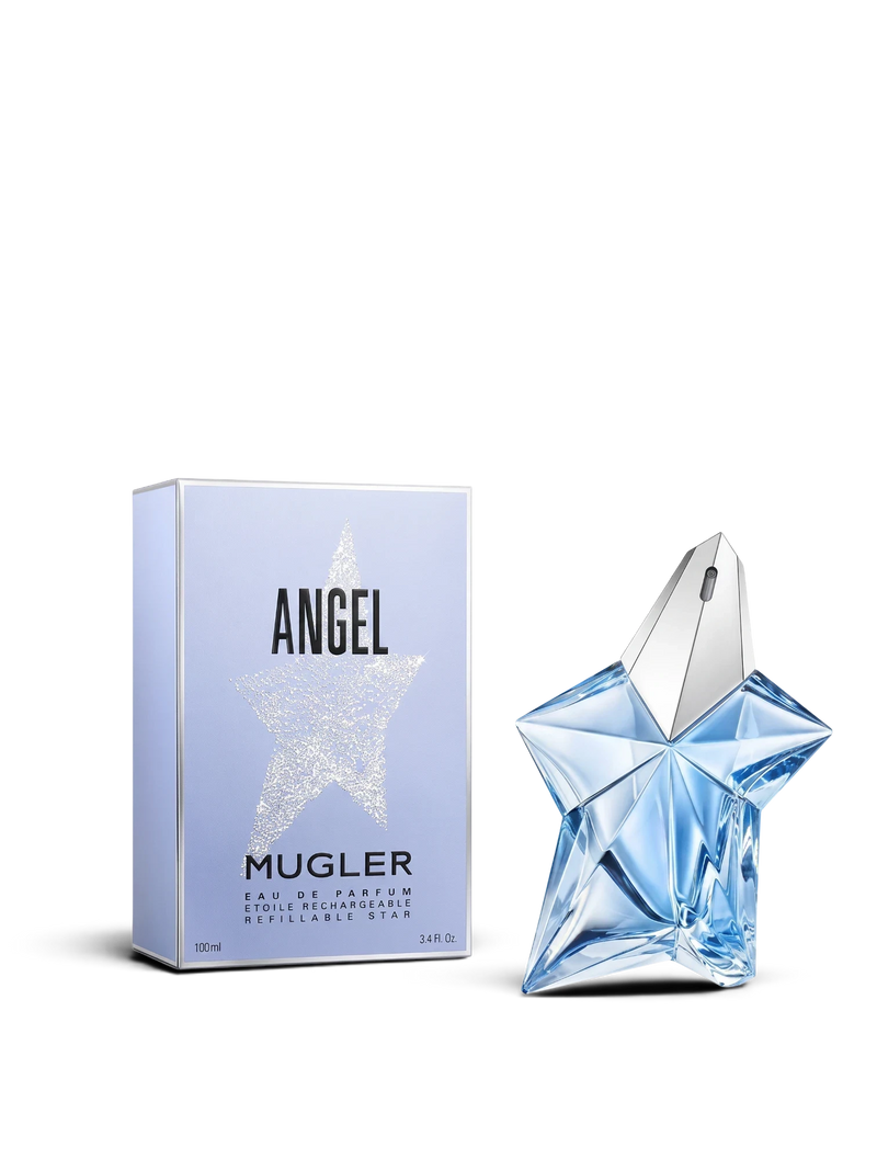euaden Thierry Mugler Angel kadın parfümü, ikonik yıldız şeklinde mavi cam şişesi ve şık kutusuyla sunuluyor.
